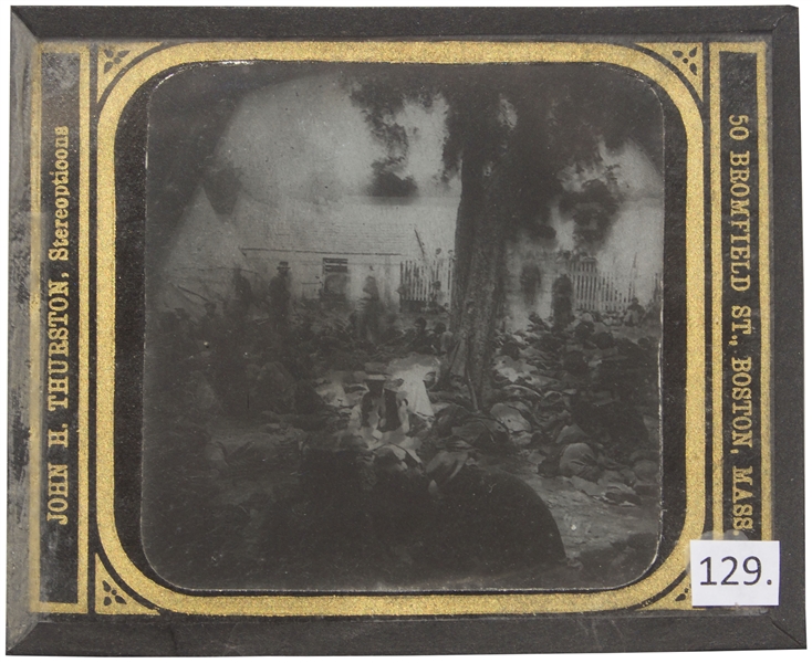 Civil War Magic Lantern Slide -- Showing Wounded Soldiers After the Battle of Savage's Station, About to Be Captured by Confederates